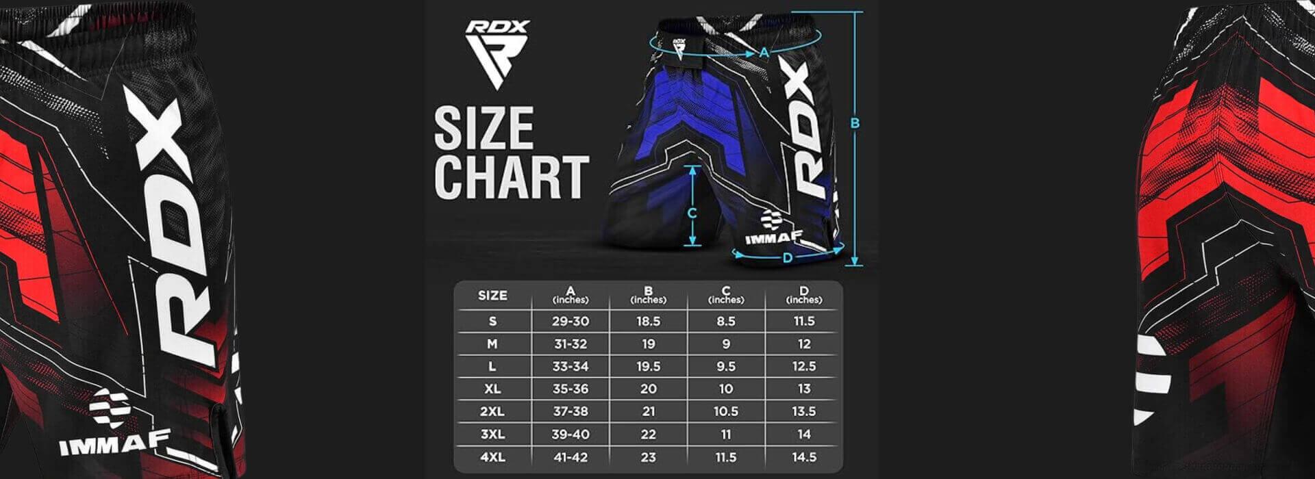 rdx mma shorts immaf size chart